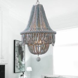 Katia Retro Classic Wood Beaded Basket 8-Light Chandelier Pendant Light in White / Gray Blue