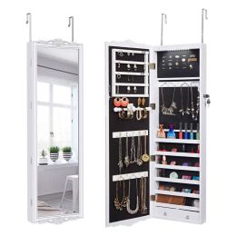 Full-Length Lockable Wall-Mounted Over-the-Door Hanging Jewelry Cabinet Armoire with LED Lights 3 Adjustable Heights
