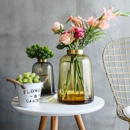 Light Luxury Copper Mouth Glass Vase Simple High-grade Living Room Model Room Soft Decoration Home Decoration Vase