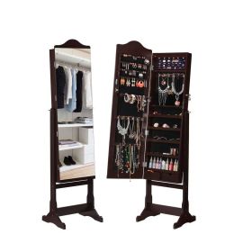 Lockable Standing Jewelry Cabinet Armoire and Storage Organizer with Mirror LED lights for Rings Earrings Cosmetics