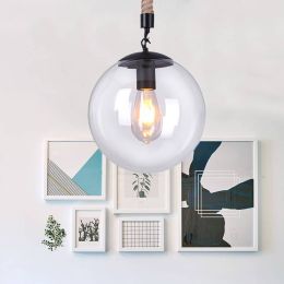 Loft Vintage retro Glass Pendant Lights dia 20/25/30cm clear glass ball hemp rope hanging lamp for Dining room Living Room Cafe