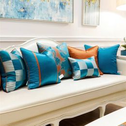 Luxury Cushion Cover Blue White Chessboard Jacquard Cushions Cojines Decorativos Para Sofa Patchwork Decorative Pillows Women