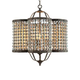 Malia Vintage Rustic 5-Light Distressed Wood Beaded Pendant Light Scalloped Light Metal in Rust