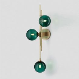 Mid-Century Modern Gold 3-Light Decorative Globe Wall Sconce Clear/Green Glass Indoor Wall Light