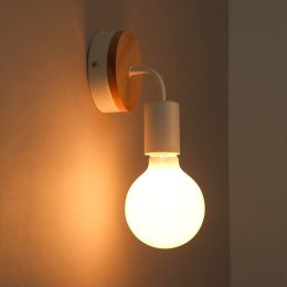 Minimalist Exposed Bulb Single-Light Wood Round Backplate Indoor Wall Lamp in Black / White