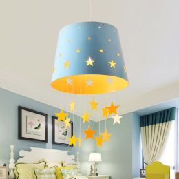 Modern 1-Light Adorable Pierced Star Blue Hanging Drum Shade Kids Room Pendant Light