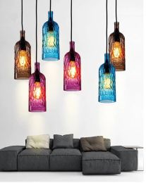 Modern colorful wine bottle led pendant light brown/rose red/blue glass hanging lamps restaurant cafe bar art deco light fixture