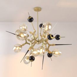 Modern creative Chandelier light 10 head Black Gold aluminum body Nordic amber glass shade E27 bulb Light home art decoration