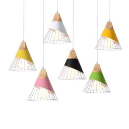 Modern Creative design art pendant lights living room macarons colorful droplight iron wood material combo LED Pendant lamps