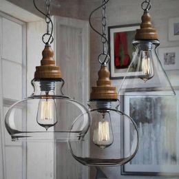 Modern dining room pendant lights Clear Glass shade wood grain lamp holder retro industrial lighting hanging lamp for restaurant