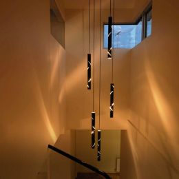 Modern LED cylinder Light long  wrought iron pendant lights for living room hotel hall carved tube stairwell Lighting Fixtures