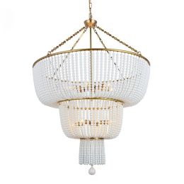 Modern Luxurious 2-Tier White Ceramic Beads Metal Frame 8-Light Pendant Light in Brass