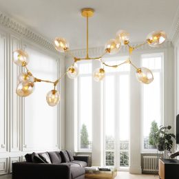 Modern Minimalist Tree Branch Amber Glass Globe Shade Adjustable 11-Light Large Pendant Light Metal in Gold