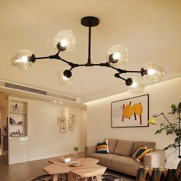 Modern Minimalist Tree Branch Clear Glass Globe Shade Adjustable 6-Light Large Pendant Light Metal in Black