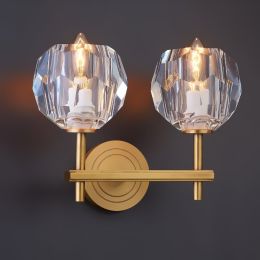 Modern Polyhedron Clear Crystal Ball Bath Vanity Light 2-Light Indoor Wall Sconce in Gold