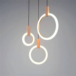 Modern Ring Wood Pendant Lights Nordic Loft Dining Room LED Pendant Lamps Living Room Stair Lighting Long Hanging Lamp Luminaire