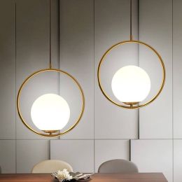 Modern simple creative hanging lamp white glass ball shade wrought iron droplight living room restaurant bar lighting fixture