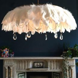 Modern Stylish White Feather Pendant Light Dome Shape Pendant Light with Crystal &amp;amp; Gold Frame