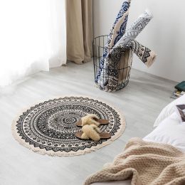 Nordic Boho Style Tassel Hand-knotted 3 Feet Area Rug Inoor Round Floor Mat Cotton in Blue/Black