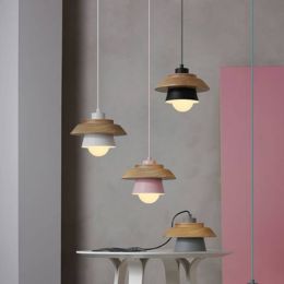 Nordic Color Art Wood Pendant Lights Modern LED Iron Pendant Lamp Living Room Restaurant Aisle Corridor Decor Lighting Luminaire