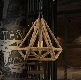 Nordic iron&amp;amp;hemp rope retro Pendant lights dia 38 cm vintage Diamond iron cage Loft hanging lamps Restaurant cafe light fixtures