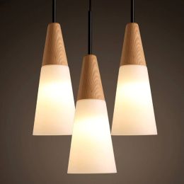 Nordic oak wood glass pendant lamp modern Circular Cone Shape glass dining room hanging lamp Bedroom bar cafe Lighting fixture