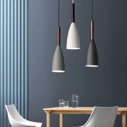 Nordic postmodern dining room lamp Gray Black White iron shade wood pendant lights restaurant bar cafe hanglamp lighting fixture