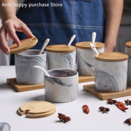 Nordic Style Marbled Ceramic Seasoning Jar Three-piece Seasoning Box Salt Shaker Seasoning Storage Moisture-proof  spice sets