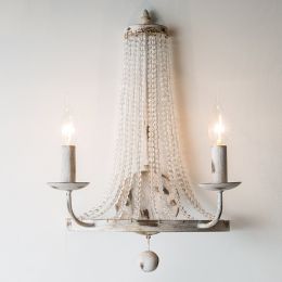 Pena 2-Light Metal Band &amp;amp; Clear Crystal Beaded Rustic Retro Indoor Wall Sconce in Distressed White
