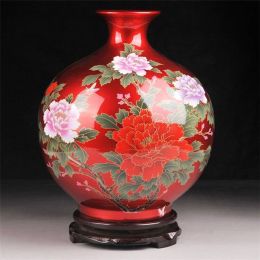 Porcelain Vase Ceramic Home Decoration Indoor Ornaments Ceramic Vases  glaze peony design red vases