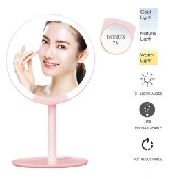 Professional 7 Inch Professional Travel Standing Makeup Vanity Mirror 66 LED Lights Dimmable 1x+Mini 7x Magnifying