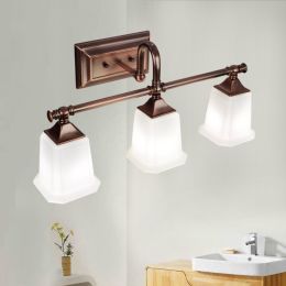 Retro Classic Antique Copper White Glass Square Shade 3-Light Indoor Lighting Bath Vanity Light