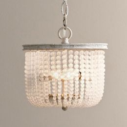Retro Elegant 2-Light Frosted Crystal Bead Strands Metal Frame Pendant Light in Distressed White