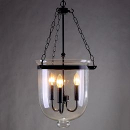 Retro Rustic Clear Glass Shade Bell Jar Pendant Light with 3 Candle Lights Black Metal