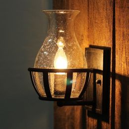 Retro Rustic Jar-Shaped Seeded Glass Single Candelabra Light Bulb Wall Lamp &amp;amp; Metal Backplate