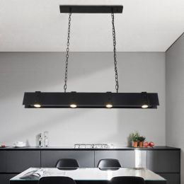Rowen Black 4-Light LED Wood &amp;amp; Metal Linear Island Pendant Light in Industrial Loft Style