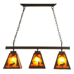 Rustic Deer Cubby House Rust Metal &amp;amp; Amber Mica 3-Light Island / Pool Table Ceiling Pendant Light
