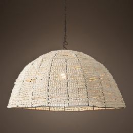 Rustic Farmhouse Style 1-Light White Wooden Bead Dome Shade Pendant Light Black Metal