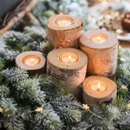 Rustic Style Tree Trunk Tealight Candle Holder Cylindrical Birch Wood Votive Holder Set of 3