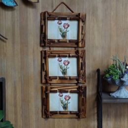 Rustic Wall Hanging 4&amp;quot; x 6&amp;quot; Collage Picture Frame Wooden Bamboo 3-Frame Set On Hanging Rope