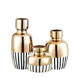 Simple Modern Black And White Stripes Plus Golden Ceramic Creative Vase Nordic Home Flower Decoration
