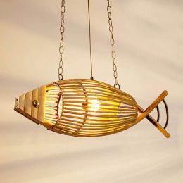 Southeast Asian bamboo Pendant Lamps vintage Fish shape creative restaurant cafe deco lighting suspension Hanging Light fixture