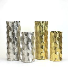 Straight Ceramic Vase Gold Geometric Twill Creative Silver Flower Decoration Vase Decoration Home