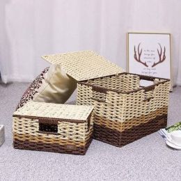 Straw storage box desktop rattan storage box book collection box with lid underwear snack woven basket
