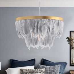 Stylish Dreamy Feather Pendant Light Round Gold Metal Band 1-Light Pendant Light in Gray/White/Pink