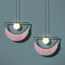 Stylish Dreamy Pink Tassel Pendant Light Fringe Half-Moon Gold Pendant Lamp with Globe Shade