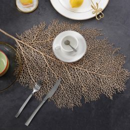 Stylish Leaf Placemat Hollow-Out Plastic Coral Twig On-Stick Oil &amp;amp; Waterproof Placemat in Gold Set of 2