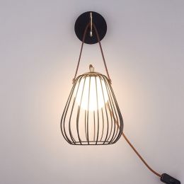 Stylish Plug-In Wall Light Globe Wall Light with Switch Black Wire Cage Indoor Wall Sconce