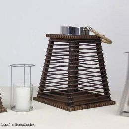 tapered vintage handcrafted wood framed rattan lantern candle holder
