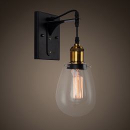 Teardrop Shaped Clear Glass Shade Single-Light Indoor Wall Lamp with Black Back Plate